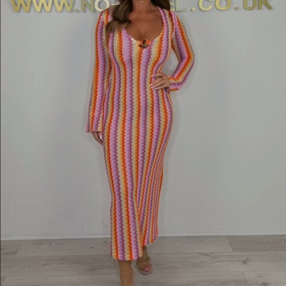 Dresses & Skirts - New Women's Colorful Stripe Hoop Linked Long Sleeve Bodycon Dress